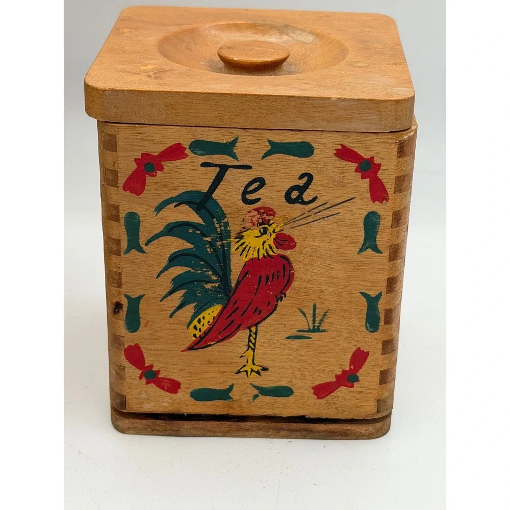 Vintage 50s Wooden Rooster Canister Set HandPainted Mid-Century Japan Kitsch
